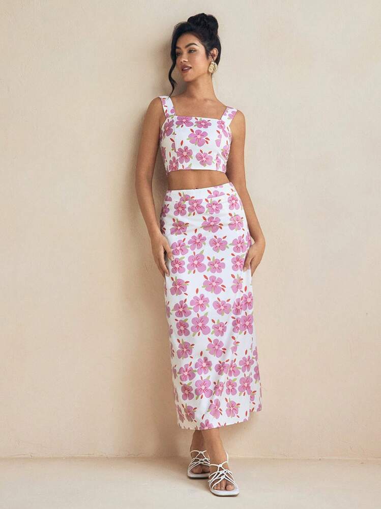 Miriam Omar 设计师花卉吊带短款上衣搭配 A 字裙套装春夏装 - 彩色 - 查看 8