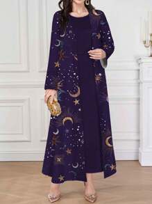 Al Najma Women Moon & Star Print Long Sleeve Open Front Arabian Abaya - Purple - View 6