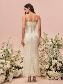 Glamine Đầm Maxi Dây Spaghetti Lấp Lánh Viền Chia Viền Kim Sa Lấp Lánh Màu Trơn Cho Nữ - Màu be - Xem 2