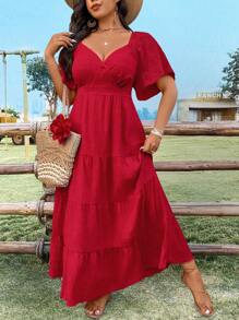 Breezaya Plus Size Solid Color Sweetheart Collar Long Casual Vacation Dress - Red - View 7