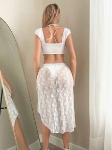 Sweetina Falda de mujer con diseño de cordón, abertura asimétrica y encaje transparente