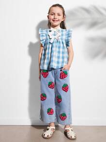 SHEIN 年轻女孩蓝色格子短袖蝴蝶结后背装饰宽松下摆衬衫，度假和乡村风格 - 藍色 - 查看 5