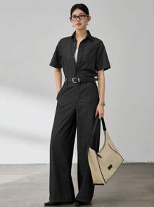 Dazy-Less Women's Summer Casual Button-Front Denim Jumpsuit Old Money Style - Black - View 2