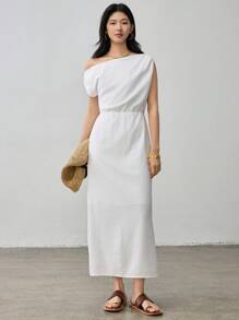 Dazy-Less 女士商务休闲斜领简约高端中长连衣裙夏季复古风格优雅亚麻婚礼连衣裙 - 白色 - 查看 3