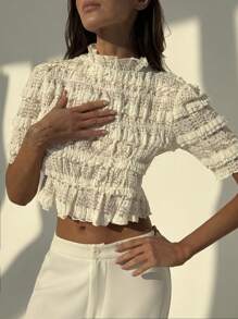 Aloruh 全新时尚蕾丝边褶皱修身女式上衣 - 米色 - 查看 3