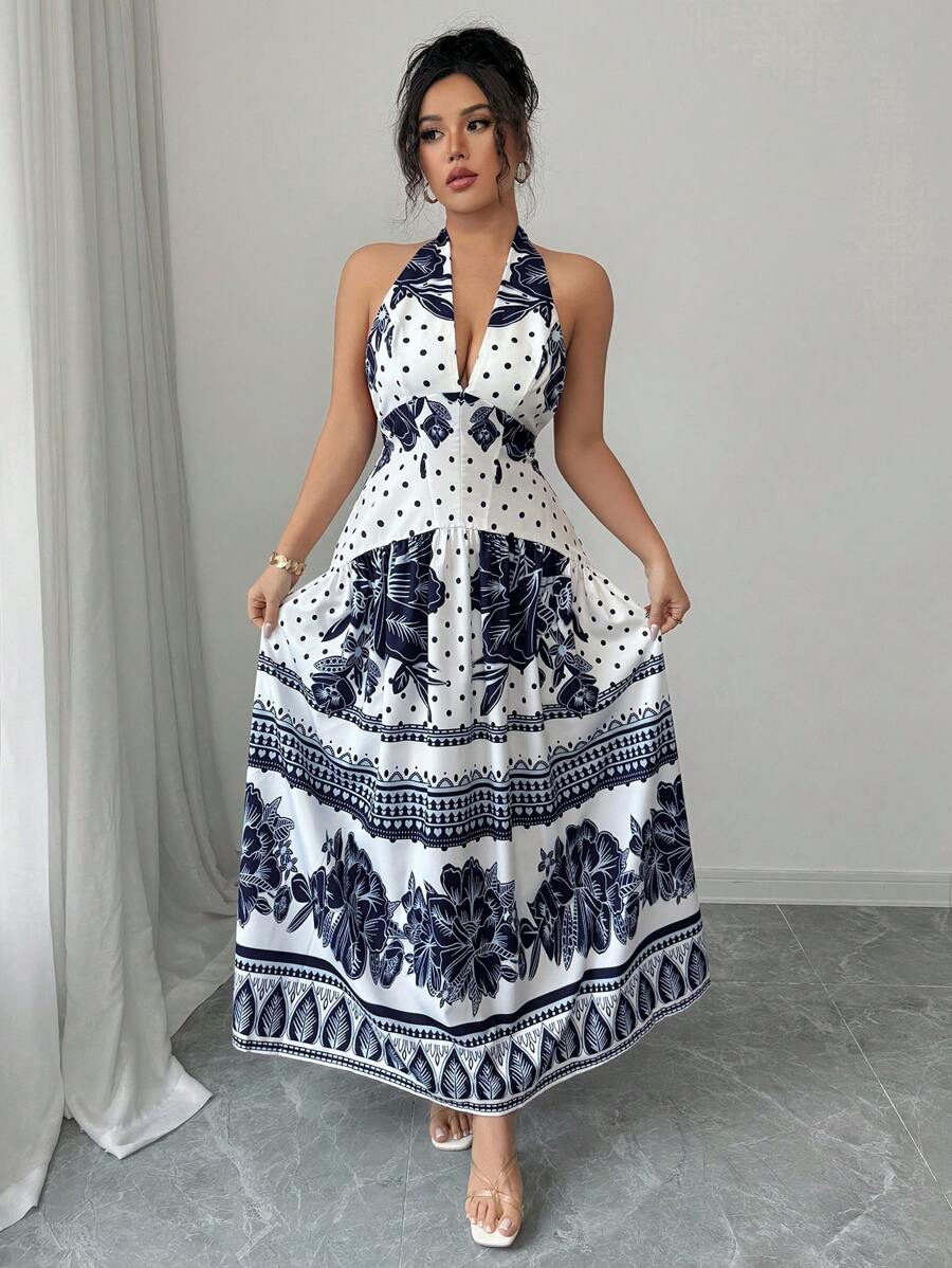 Elenzga Tryckt Camisole Midja Defined A-Line Elegant romantisk klänning för kvinnor - Blå - Visa 1