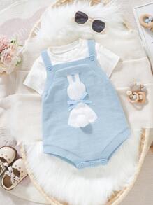 SHEIN 女婴卡通图案蝴蝶结装饰针织连体衣