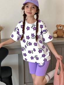 SHEIN Tween-Mädchen Set mit kurzärmligem Rundhals-Oberteil mit Blumenmuster und einfarbigen Shorts für Ostern