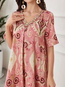 Lacomfia 女士几何印花 V 领短袖宽松长裙 - 粉色 - 查看 3