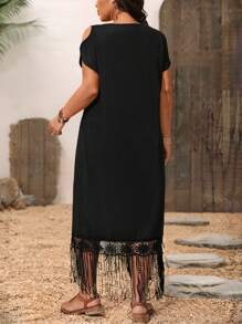 Breezaya Plus Size Women's Solid Color Off The Shoulder Sleeve Patchwork Tassel Fringe Mini Dress - Black - View 2