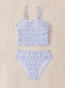 SHEIN 2 件套 Tween 女童泳衣套装，可爱海洋生物印花细肩带分体泳衣，适合旅行、海滩、夏季 - 淺藍色 - 查看 3