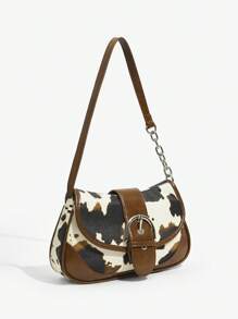 SHEIN ICON 女士、女式单肩包、流浪包、时尚、个性、简约、百搭、街头、甜美酷炫女孩、辣妹、Y2K、复古、复古、青少年、西式风格、奶牛印花、动物印花、金属链条装饰、拼接、女士西式钱包、波西米亚风格女士包、牛仔竞技场合的完美之选