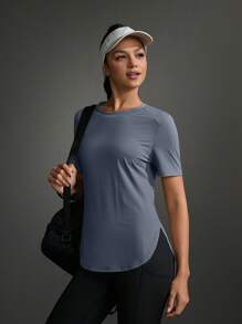 Powerista Plain Crew Neck Short Sleeve Simple Sporty T-Shirt, Casual Everyday Wear Gym Women Shirts