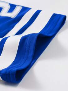 Manfinity Campus Court 休闲男士宽松 T 恤，带数字图形线条印花，运动风格 - 藍色 - 查看 3