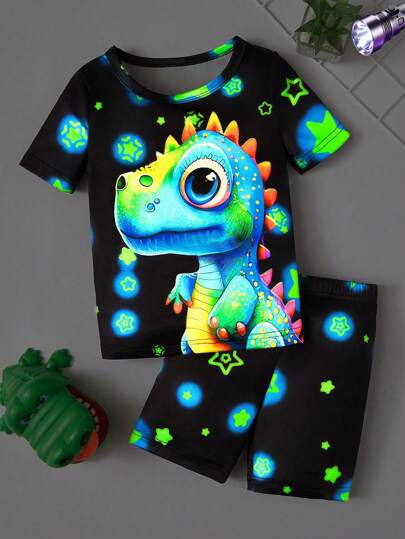 2 Piece Sets Snug Fit Night Wear Kids Young Boy Cartoon Print Glow In The Dark Short Sleeve & Shorts Snug Fit 2-Piece Pajama Set .This Product Requires UV Light Exposure To Glow.