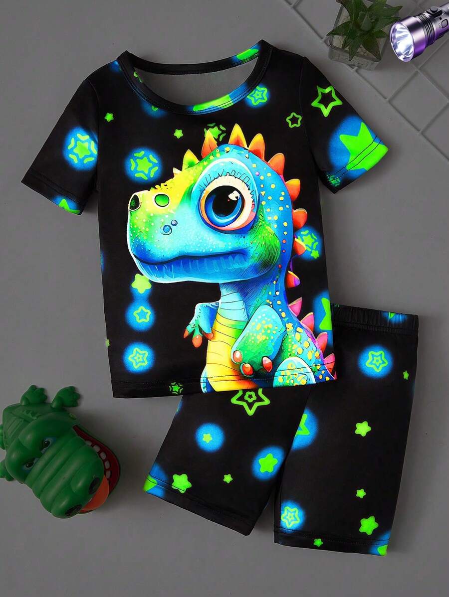SHEIN GraphicGems 2 Piece Sets Snug Fit Night Wear Kids Young Boy Cartoon Print Glow In The Dark Short Sleeve & Shorts Snug Fit 2-Piece Pajama Set .This Product Requires UV Light Exposure To Glow. - Black - View 1