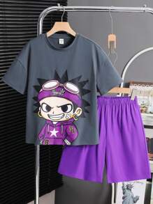 SHEIN 2pcs/Set Kids Tween Boys Casual Versatile Comfortable Cartoon Character Print Crew Neck Loose T-Shirt And Plain Shorts, Suitable For Commute, School, Casual, Vacation, Sports, Spring/Summer