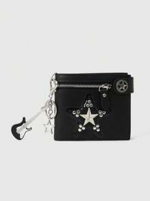 ROMWE Grunge Punk 1pc Vintage Punk 3D Pentagram Rivet Double-Zipper Snap Fastener Wallet, Comes With YY2K Music Festival Metal Guitar Star Keychain Pendant