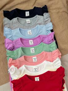 8pcs Set Cute Summer Baby Girl Solid Color Knit Cap Sleeve Tops - Multicolor - View 4