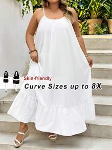 SHEIN CURVE+ Solid Color Plus Size Tank Top Swing Dress,Long Vacation Dress, Wedding Anniversary, White Dress, Long White Dress Boho Vacation