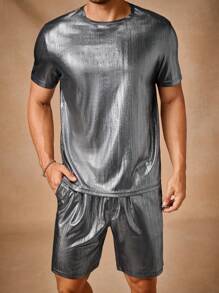 Manfinity VCAY Men's Knitted Casual Daily Loose Solid Color Short Sleeve T-Shirt And Drawstring Waist Straight Leg Shorts 2 Pieces Set