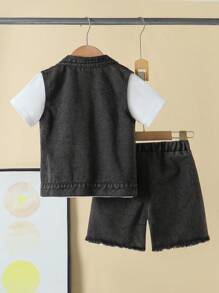 SHEIN Conjunto de 3 piezas para niño pequeño: camiseta de manga corta casual, chaleco vaquero desgastado y pantalones cortos vaqueros rotos, para verano