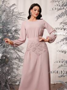 Modelyn 2pcs Solid Color Patchwork Texture Crew Neck Long Sleeve Top And Midi Skirt Set - Pink - View 4