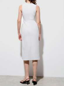 Maija Vestido informal moderno, urbano y romántico para vacaciones, fiestas, invitados de boda, estilo de dinero antiguo y graduaciones, de 2025 con cuello redondo, sin mangas, de cintura drapeada, con hebilla metálica decorativa, apropiado para salidas, fiestas, boda, playa y resort