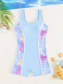 Tween Girls' Tropical Plant Print Tankini Swimsuit With Shorts - Baby Blue - View 1