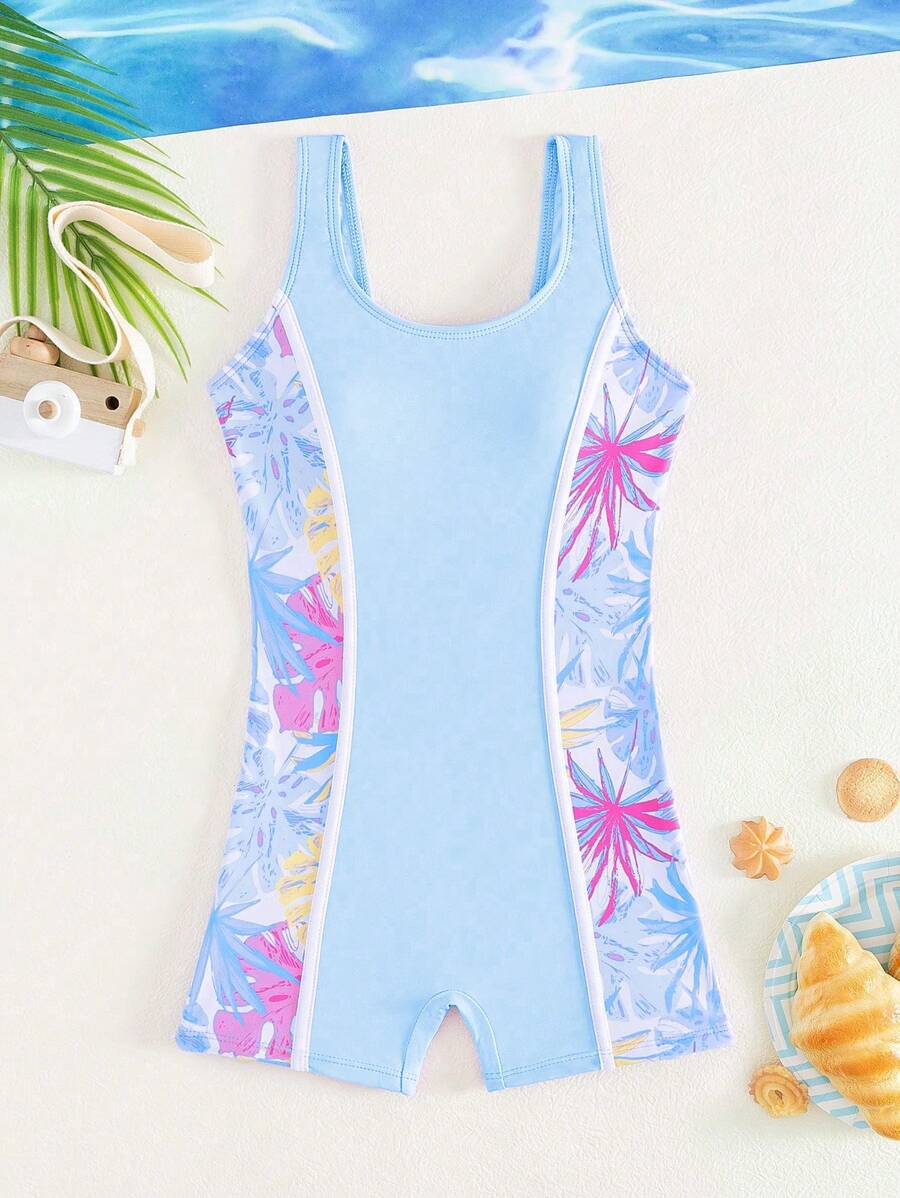 Tween Girls' Tropical Plant Print Tankini Swimsuit With Shorts - Baby Blue - View 1