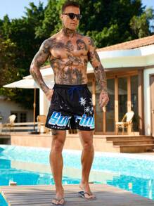 Manfinity Swimmode Men's Coconut Tree & Letter Print Beach Shorts