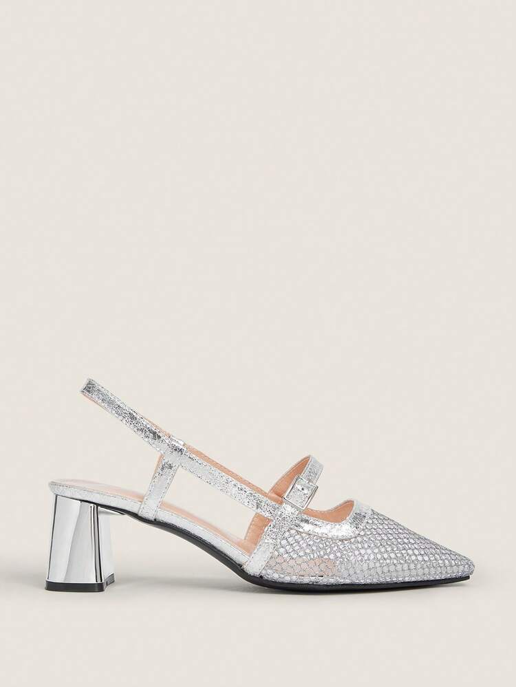 Women's Fashion Square Toe Chunky Heel Sandals, Backstrap & Closed Toe, Mesh Breathable Silver High Heels