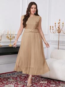 SHEIN Clasi Plus Size Women's Solid Color Round Neck Cap Sleeve Twist Front Pleated Midi Dress - Khaki - View 8