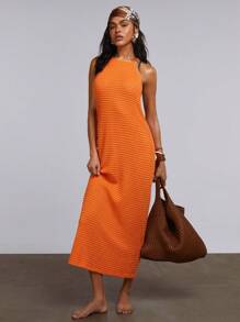 Athîral Vestido casual de unicolor sin espalda para vacaciones de mujer - Naranja - Ver 3