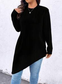 SHEIN LUNE Asymmetrical Hem Plus Size Long Sleeve T-Shirt Fall Cloth For Women - Black - View 3