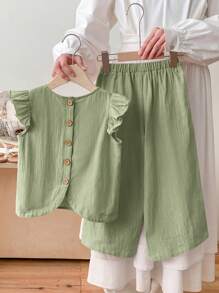 SHEIN LMoss Kids LMoss 2pcs Set Young Girl Woven Plain Round Neck Ruffle Trim Casual Blouse & Loose Woven Pants - Green - View 1