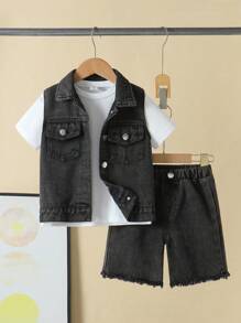 SHEIN Conjunto de 3 piezas para niño pequeño: camiseta de manga corta casual, chaleco vaquero desgastado y pantalones cortos vaqueros rotos, para verano