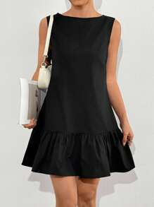 SHEIN EZwear Black Woven Minimalist Casual Mini Ruffles Dress Bowknot Back For Women, Fashionable Everyday Wear,Business Casual Woman