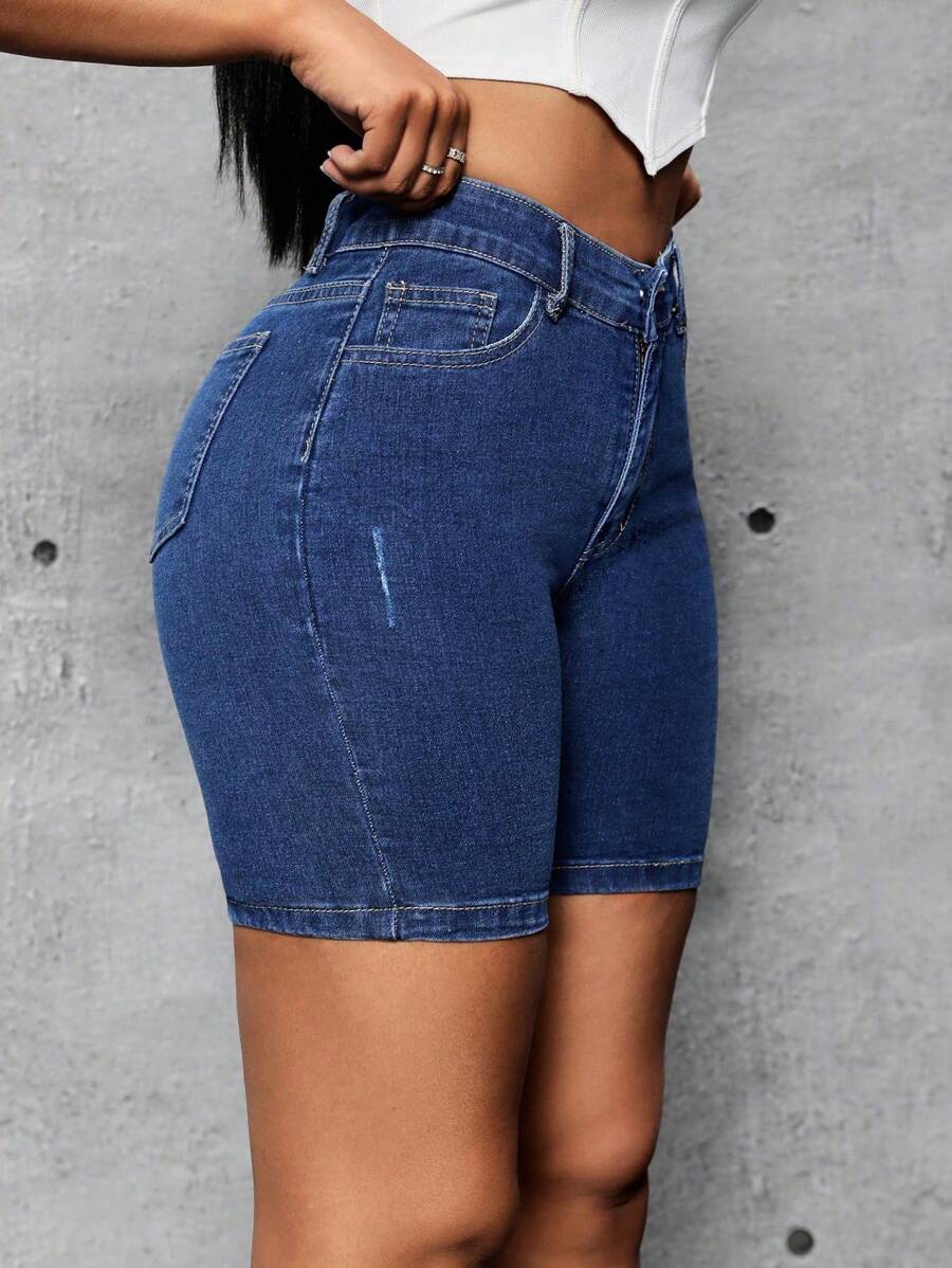 SHEIN SXY Women's Casual Washed Slim-Fit Denim Shorts - Dark Wash - View 1