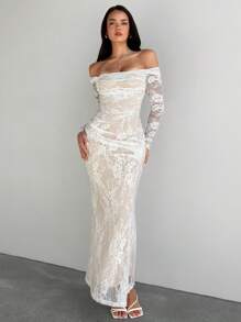 Aloruh Vestido ajustado tipo ajustado de manga larga de encaje blanco con hombros descubiertos, escote drapeado, apropiado para fiestas, citas nocturnas, temporada de bodas y eventos formales de noche, otoño/invierno