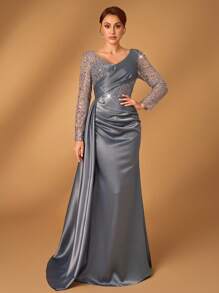 Serin 优雅华丽奢华透明长袖串珠亮片拼接弹力缎纹针织褶皱杯侧垂美人鱼下摆适合婚礼活动派对节日舞会母亲节 - 深灰色 - 查看 6