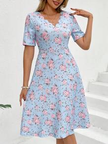 SHEIN Clasi Rochie de vacanță de vară, elegantă, cu decolteu în V, cu decor cu flori albastre, imprimeu subțire - Multicolor - Vizualizare 5