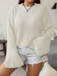 Flirla Plus Drop Shoulder Ribbed Knit Sweater, For Winter Knit Pullover Fall Outfit - Beige - View 3