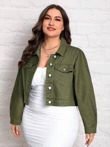 EMERY ROSE Plus Size Vintage Short Metal Button Denim Jacket - Army Green - View 5