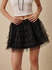 Poéselle Saia de Tule Multilayer Cor Sólida Moda Feminina - Preto - Visão 5