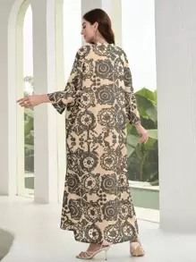 Al Najma Vintage All-Over Print Cut-Out Neckline Batwing Sleeve Long Tunic Kaftan Jalabiya Dress - Khaki - View 2