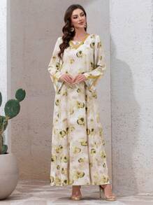 Al Najma 女士优雅派对拼布花卉丝带宽松长款开衫，朴素的卡夫坦