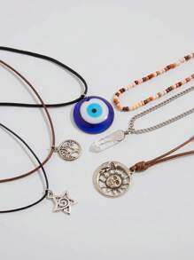 ROMWE Fairycore Set de 6 collares colgantes con cuentas de cristal con diseños de espiral, estrella, luna y sol en estilo hippie minimalista