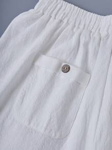 Linhara Plus Size Women's Washed Cotton Cinched Waist Sleeveless Backpack Pocket Button Decor Cropped Top