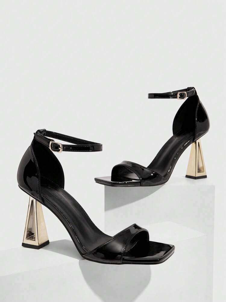 CUCCOO SZL Black Hollow-Out Gold Spike High Heels Square Toe Women Sandals For Christmas Spring Shoes Prom Heels